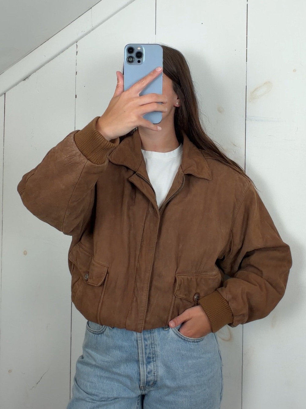 Vintage Brown Genuine Leather Flight Bomber Jacket Women’s Large Ribbed Trim 90s